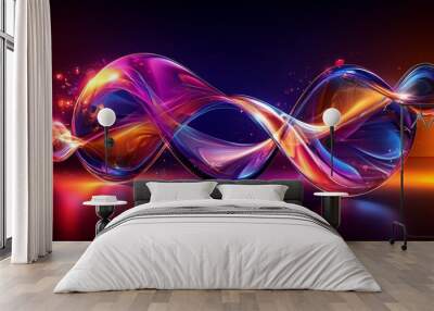 Holographic lines intertwining in a fluid watercolor pattern, [interconnected network], [modern digital art]. Wall mural